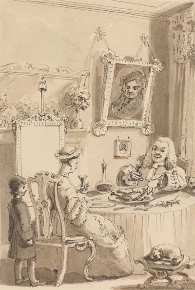 Hogarth Drinking the First Glass of Wine with His Wife – Their Dogs Keeping Respectful Distances by Джон Томас Смит, 1817 —…