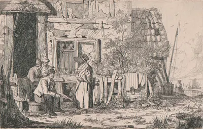 Exterior of a Cottage with a Woman in a Poke Bonnet by Джозеф Стэннард — digital art print download