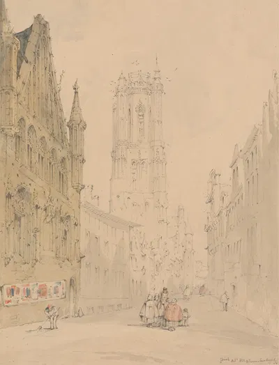 Ghent; Street with Figures, Leading Up to the Cathedral by Уильям Фром Смоллвуд, 1832 — digital art print download