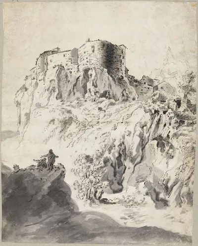 Italienische Landschaft mit Kastell by Бартоломейс Бринберг — digital art print download