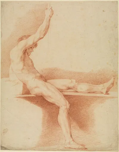 Sitzender männlicher Akt nach rechts mit hochgelegtem linkem Bein und erhobenem rechtem Arm by Эдме Бушардон — digital art…