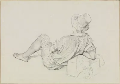 Auf dem Boden liegender, vom Rücken gesehener junger Mann mit hohem Hut by Фридрих Мосбруггер, 1829-1830 — digital art…