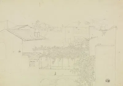 Blick auf Hinterhäuser und eine Pergola in einer italienischen Stadt by Фридрих Мосбруггер, 1827-1829 — digital art print…