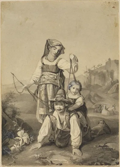 Drei Pferdchen spielende italienische Kinder by Иоганн Баптист Кирнер, 1840-1845 — digital art print download