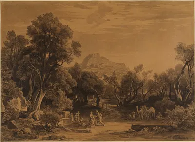 Elieser und Rebekka am Brunnen (1. Mose 24, 17-18) by Иоганн Вильгельм Ширмер, 1855 — digital art print download