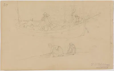 Männer im Kahn, zwei Frauen am Strand (Scheveningen), fol. 24 by Иоганн Вильгельм Ширмер, 1836 — digital art print download