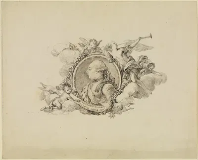 Bildnis Markgraf Carl Friedrichs, in Wolken von Fama und Putten umgeben by Йозеф Меллинг — digital art print download