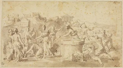 Moses verteidigt die Töchter des Jethro am Brunnen by Николя Пуссен — digital art print download