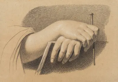 Die Hände eines Zeichners mit Stift, über dem Zeichenheft verschränkt by Philipp Jakob Becker — digital art print download