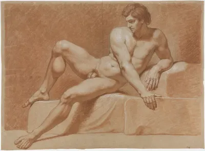 Sitzender männlicher Akt mit seitlich aufgestütztem Arm by Philipp Jakob Becker — digital art print download
