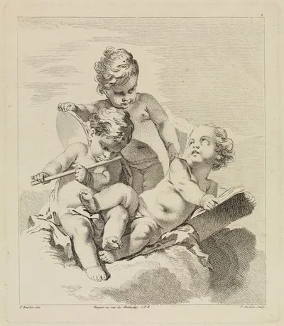 Drei Kinder mit Querflöte und Tamburin by Pierre-Alexandre Aveline — digital art print download