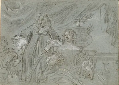 Gruppe af en siddende dame og en stående herre, knæfigurer I baggrunden en sort afrikaner og en hund, th en ballustrade by…
