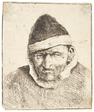 Peasant with pointed fur hat by Адриан ван Остаде, 1640 — digital art print download