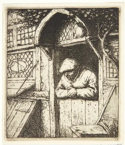 Farmer leaning out of a doorway by Адриан ван Остаде, 1672 — digital art print download
