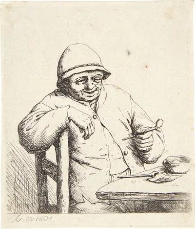Farmer, sitting at a table with a pipe in his hand by Адриан ван Остаде, 1672 — digital art print download