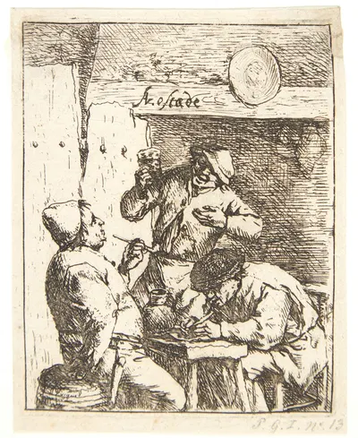 Three farmers smoking and drinking in a tavern by Адриан ван Остаде, 1650 — digital art print download