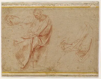 To studier af en siddende mand samt et studie af hans foldede hænder by Andrea Sacchi — digital art print download