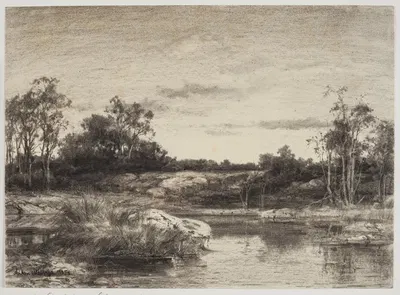 Landscape with a stream or lake in the foreground by Антон Мельбе, 1856 — digital art print download
