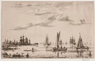 Ships and boats in calm weather by the coast by Антон Мельбе, 1840 — digital art print download