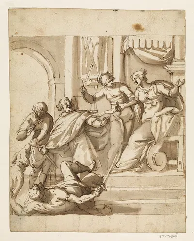 Allegorical composition with Justice restraining an enthroned queen by Antonio Aliense — digital art print download
