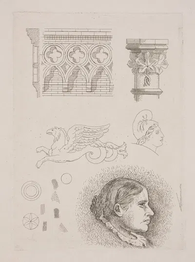 Prøveblad med arkitektoniske fragmenter og Frk Buchheisters portræt by Август Ерндорфф, 1864 — digital art print download