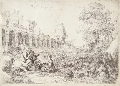 Nymfen Korsika siddende med tre satyrer by Бартоломейс Бринберг, 1640 — digital art print download