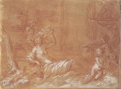 Liggende nymfe i en have med fontæne, vase og tre amoriner by Bartolomeo Biscaino — digital art print download