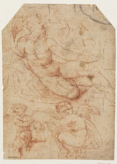 Fo en siddende mand med en skrifttavle, fn to siddende putti med skrifttavler by Callisto Piazza — digital art print download