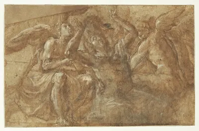 En henrevet mand med oprakte hænder omgivet af tre engle by Camillo Procaccini — digital art print download