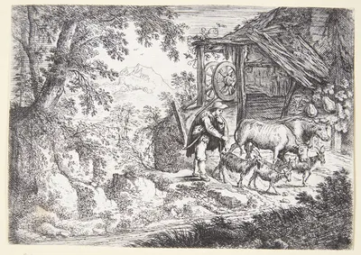 Landskab med en hyrde med to køer og fire geder by Cornelis Matthieu — digital art print download