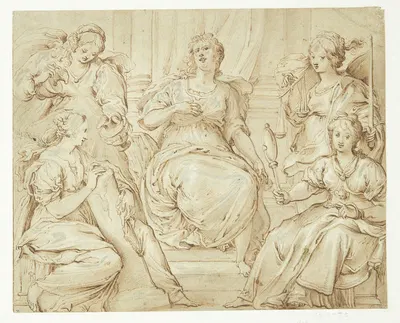 Fem allegoriske kvindefigurer, th klogskab og retfærdighed by Filippo Lauri — digital art print download