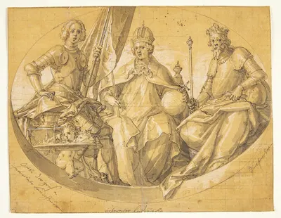 Udkast til et ovalt loftsmaleri forestillende kongerne Otto den Store 912-973 , Ludvig den Rige 1417-1479 og Ruprecht…