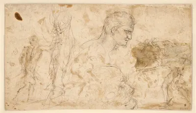 Studier af figurer og hoveder; figurerne yderst til venstre og højre er optegnet fra papirets forside by Giovanni Angelo…