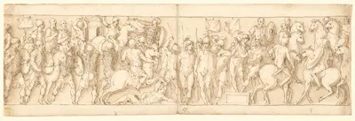 En sarmatisk landsby ødelægges for øjnene af kejseren; barbarer ser til fra et podium; Marcus Aurelius til hest modtager en…
