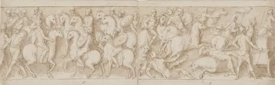 En soldat; germanske ryttere føres til Marcus Aurelius på hesteryg; sarmaterne drives på flugt af romere; påbegyndelsen af…