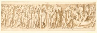 Kamp mellem romere og sarmatere; Marcus Aurelius taler med to ledsagere uden for lejren; indskibning og passage by Giovanni…