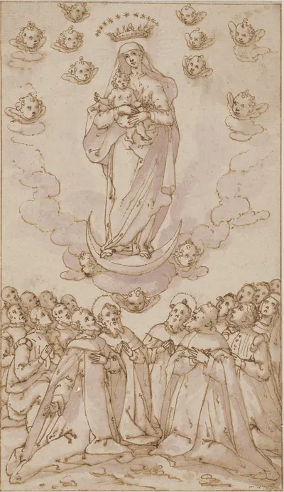 Madonna og barnet på en halvmåne viser sig for en gruppe helgener, præster og lægmænd by Giovanni Guerra — digital art…