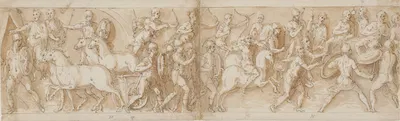 Marcus Aurelius ankommer til kampen, mens tropperne nedkæmper et sarmatisk angreb; sarmaterne beder om nåde by Giovanni…
