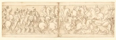 Marcus Aurelius drager afsted over en bro med infanteri og kavaleri; sarmaterne drives tilbage af fremrykkende romere by…