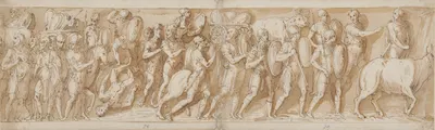 Romere på march; Marcus Aurelius, Pompejus og en oppasser overværer marchen; ophold på marchen by Giovanni Guerra — digital…