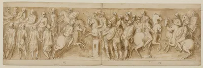 Sarmatere fremført for det kejserlige råd; Marcus Aurelius og Pompejus på hesteryg, omgivet af vagter, betragter et mindre…