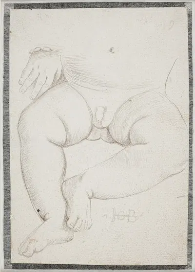 Mave, skød og ben, samt en hånd med armbånd af en sovende smådreng by Hans Baldung — digital art print download