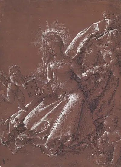 Virgin Mary seated on the ground, reading a book, surrounded by angels by Hans Baldung — digital art print download