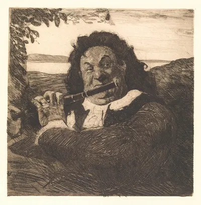 Fredensborg idyl Oluf Poulsen spiller på fløjte for sin datter by Ханс Николай Хансен — digital art print download