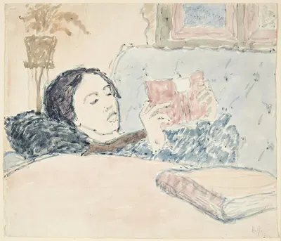 Interiør med en af kunstnerens søstre, der ligger og læser by Харальд Гирсинг — digital art print download