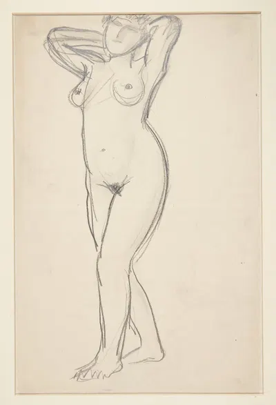 Stående kvindelig model med hænderne bag nakken by Харальд Гирсинг, 1907 — digital art print download