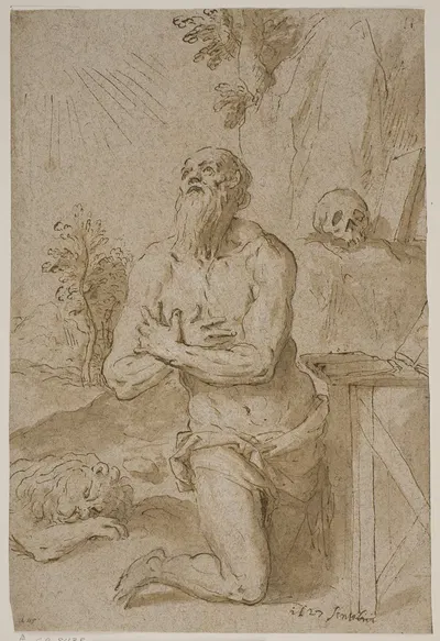 Den hellige Hieronymus i ørkenen by Якопо Пальма юный, 1627 — digital art print download