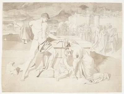 Andromache og sønnen Astyanax sammen med Pyrrhus ved Hectors sarkofag by Johan Ludvig Lund — digital art print download