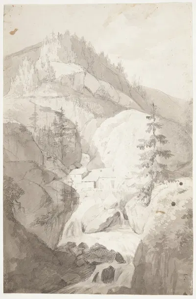 Et vandfald ved St Pierre d'Entremont, Grand St Bernard Schweiz by Johan Ludvig Lund, 1801 — digital art print download