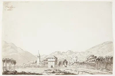 Landskab fra Domodossola i Schweiz med kirke og vagtårn by Johan Ludvig Lund, 1801 — digital art print download